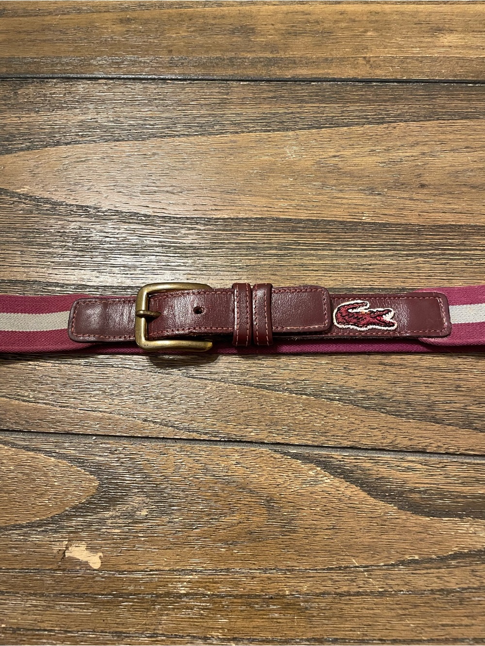Vintage Lacoste Alligator Belt Men's Size 36/90 Brass Buckle Wine Khaki Stretch